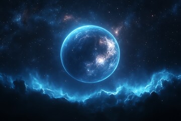 Obraz premium Glowing blue planet in nebula.
