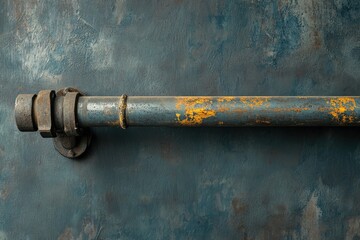 A distressed metallic pipe is mounted horizontally on a textured wall