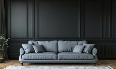 Grey sofa in dark paneled room; mockup