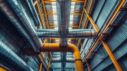 Fototapeta premium Industrial Interior View of Ventilation Pipes and Steel Structures