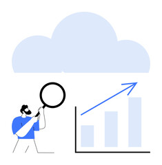 Man holding magnifying glass analyzing chart with upward arrow beneath cloud. Ideal for analytics, growth, cloud computing, business strategy, research, technology, innovation. Represents flat simple