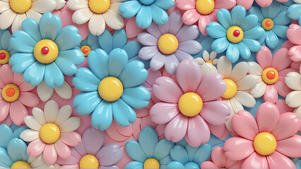 The image is a bright and playful pattern of three-dimensional flowers made in pastel colors. generative AI