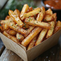 Crispy golden french fries in a brown paper container