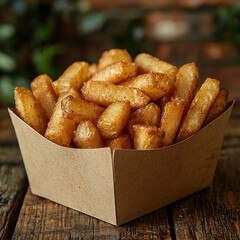 Crispy fries in a brown paper container