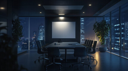 Conference room for business meetings, presentation for team, discussion or training at night. Vector cartoon interior of empty dark boardroom in company office with table, chairs, screen and board