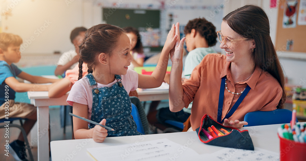 Poster education, teacher and high five girl in classroom for lesson support, creative activity and learnin