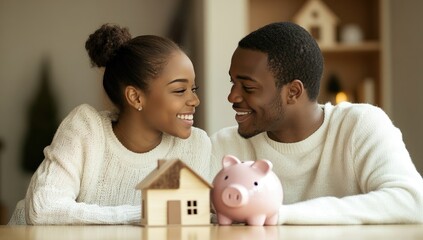 Happy couple planning home purchase, piggy bank, living room