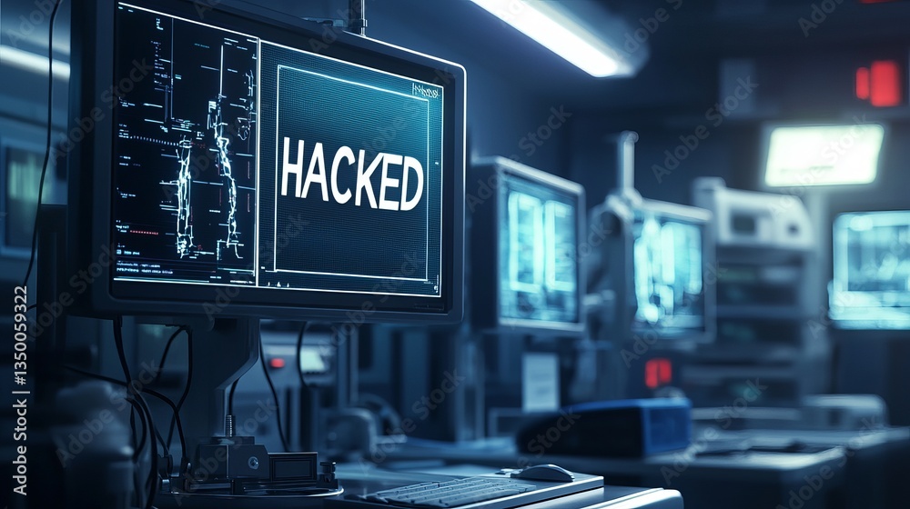 Poster cybersecurity breach alert digital screen hacked system data security network technology computer sc