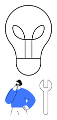 Minimalist design of a large lightbulb symbolizing ideas, a person pondering solutions, and a wrench for problem-solving. Ideal for innovation, creativity, strategy, decision-making, engineering