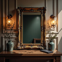 Elegant Vintage Mirror with Ornate Frame in Classic Interior with Warm Lighting