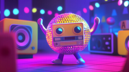 Retro music character for party illustration. Cartoon cute disco ball, radio and cassette dance element. 90s vintage fun groovy style mascot. Comic rave loudspeaker invite to show event in pub set