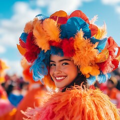 Carnival Dancer Smiles for Colorful Feathers, Parade.