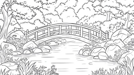Serene garden bridge over stream, lush trees, coloring page
