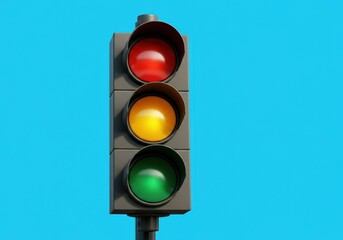 Traffic light displaying red, yellow, and green signals against a blue background