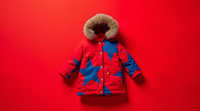 Colorful winter jacket with star pattern against red background  