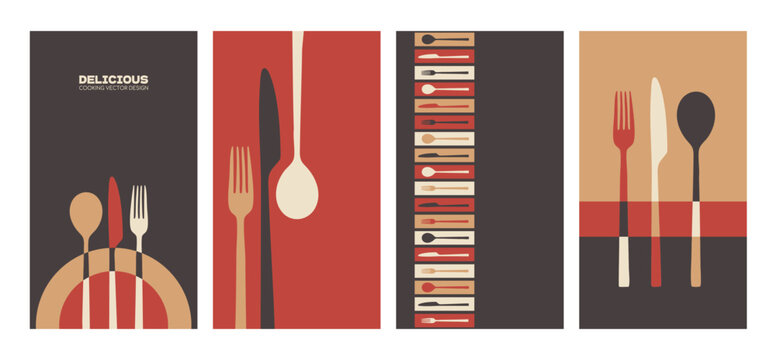 Kitchen art template vector set. Fork, knife and spoon colorful design. Abstract minimal artistic restaurant menu background illustrations.