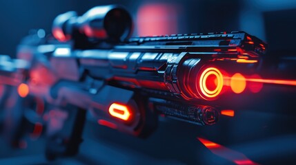 Futuristic Sci-Fi Weapon: Close-up of a technologically advanced laser rifle, with glowing red energy core, and high-tech scope.