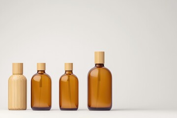 Elegant amber bottles with wooden caps showcase minimalist desig