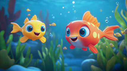 Naklejka premium Set of cute vector cartoon fish for aquarium game. Isolated happy underwater characters. Smiling fun baby marine clipart with face and mouth. Collection of exotic angler fish and cheerful creatures.