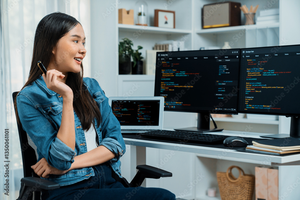 Poster young asian it developer looking online information on pc for beautiful pose with coding program dat