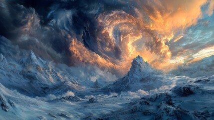 Majestic Mountain Landscape with Dramatic Clouds and Twilight Sky
