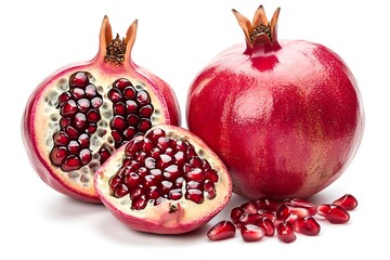 pomegranates, both whole and sliced open to reveal the juicy red seeds inside on a white background