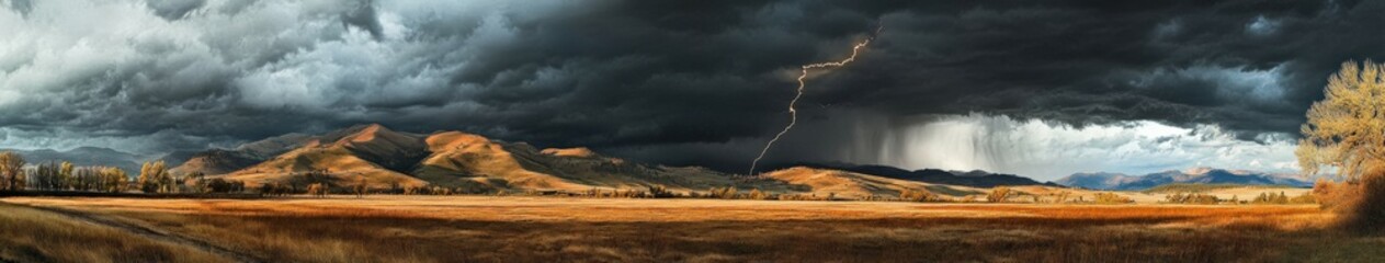 Storm clouds gather over a golden landscape
