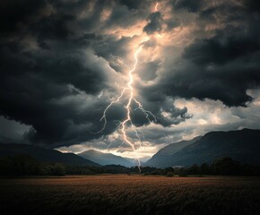 Dramatic lightning strikes over dark mountains