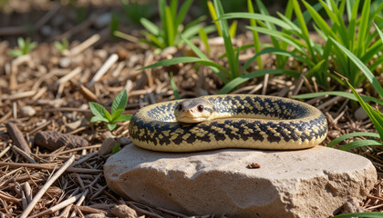 Obraz premium Coiled snake with patterned skin resting on a stone in a serene woodland clearing