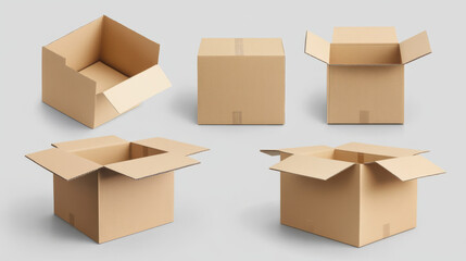 Fototapeta premium 3D set of cardboard boxes isolated on white background. Vector realistic illustration of carton package for parcel delivery, closed and open packaging, product stored at warehouse, shopping order