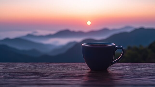 Morning coffee overlooking misty mountains - Powered by Adobe