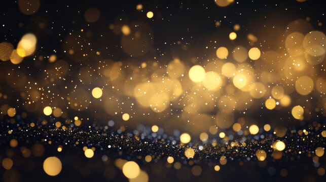 Blurred golden lights sparkling on black background. Vector realistic illustration of abstract shimmering dust, defocused stars at night, magic fireflies in darkness, Christmas garland bokeh effect