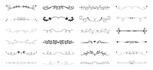 dividers doodle set. Wedding decorative elements. Divider ornament, borders, vintage line separators. Hand drawn vector illustration isolated on white background