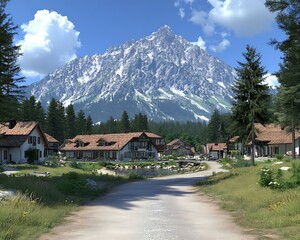 Naklejka premium Alpine Village Under Snowy Peak.