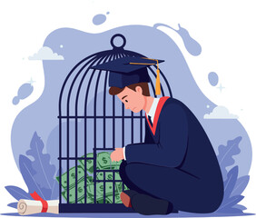 A young graduate in a cap and gown sitting in front of a cage filled with money, expressing contemplation in a flat vector illustration