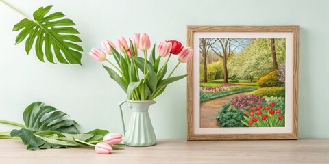 A blooming green plant, a vase filled with fresh tulips, and a framed picture of a garden, all on a light pastel background.