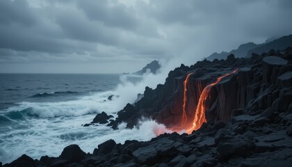 Fototapeta premium Dramatic Lava Flow into Ocean on Stormy Day with Dark Clouds