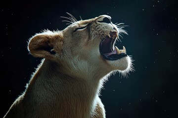 Fototapeta premium Lioness Roaring, Night Sky Background, Powerful Majestic