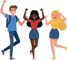 Fototapeta premium Three cheerful friends celebrating together in a vibrant flat vector art style, showcasing their joy and camaraderie in a playful atmosphere.