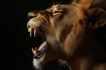 Lioness roaring, profile view, black background, wildlife