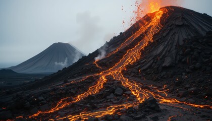 Majestic Volcano Eruption with Flowing Lava and Ashy Landscape