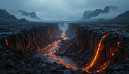 Fototapeta premium Dramatic Landscape of Lava Flowing Through a Cracked Canyon at Dusk