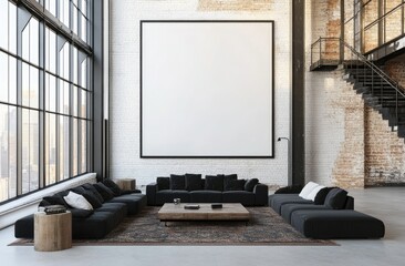 Loft apartment, large blank canvas, sectional sofa, city view, industrial design, interior mockup