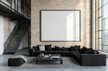 Loft apartment, large blank canvas, sectional sofa, industrial design, city view, interior design mockup