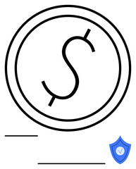 Circular dollar sign inside a coin outline next to a blue shield with a checkmark. Ideal for finance, savings, security, transaction safety, wealth, insurance, and abstract line flat metaphor