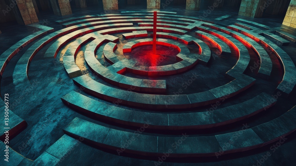 Poster Circular stone maze with red light at center.