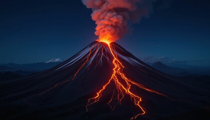 Fototapeta premium Erupting Volcano at Night with Lava Flow and Eruptive Clouds Above