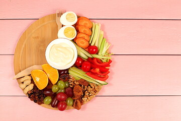Healthy breakfast with ingredients. Concept of intermittent fasting, raw food and diet food, healthy organic products for weight loss and weight reduction, menu for cafe or restaurant