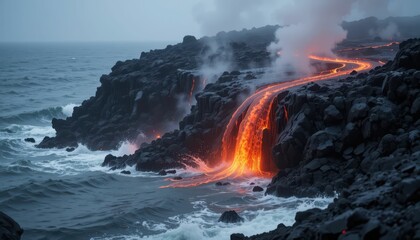 Fototapeta premium Majestic Lava Flow Meets Ocean Waves in Dramatic Seascape