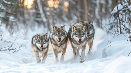 Fototapeta premium Four Wolves Walking Together in a Snowy Forest Landscape